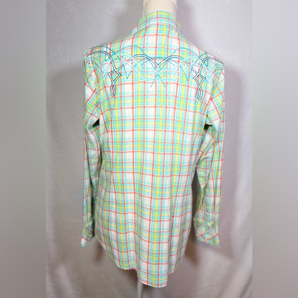 Ariat Plaid Snap Shirt L Western Pearl Snap Rhinestone Embroidered Multicolor - Picture 4 of 8